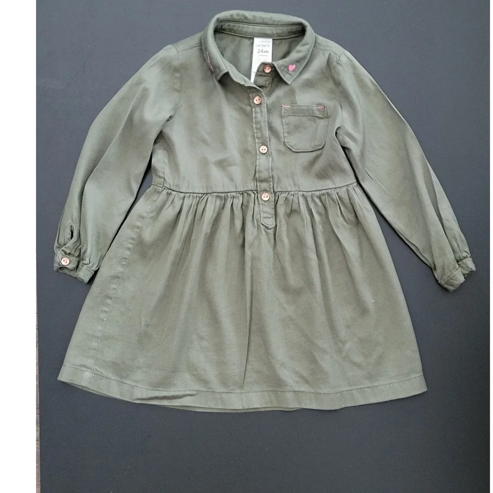 Carters Girls Olive Green Twill Shirt Dress 24M Long Sleeve Pink Love Heart
